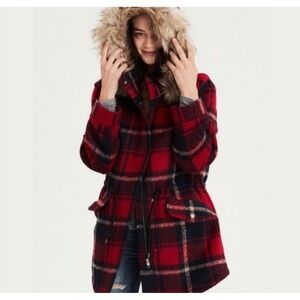 Y2K American Eagle Women's Wool Plaid Mid Length Coat S  Full Zip Fur Lined Hood